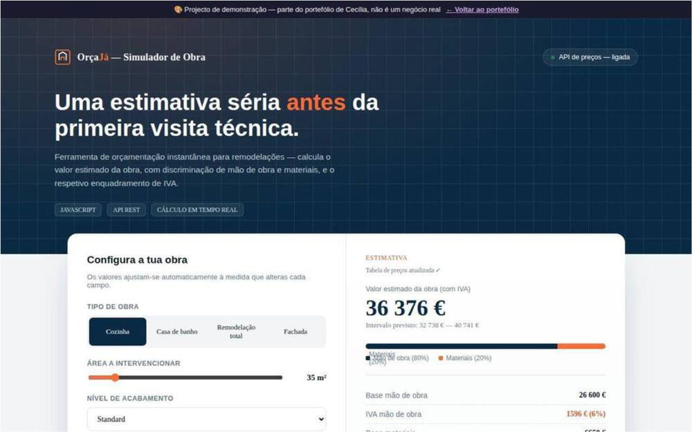 Captura de ecrã — OrçaJá — Simulador de Orçamento